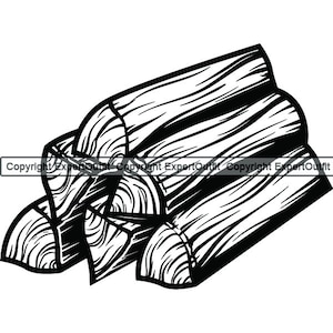 May include: Black and white illustration of a stack of firewood logs. The logs are arranged in a pile, with the grain of the wood visible.