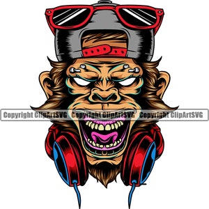 Crazy Monkey DJ DJ Mütze Mütze Kopfhörer Augenpiercing Spin Mixer Disc Jockey Vinyl Musik Club Design Logo SVG PNG Vektor Clipart geschnitten Datei