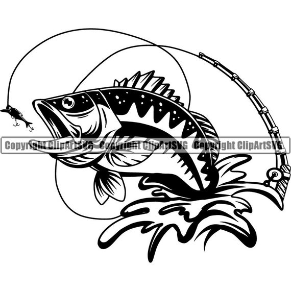 Bass Fishing Logo Fish Pole Fresh Salt Water Lake River Ocean Deep Sea  Trout Sport Game Rod Reel Boat .SVG .PNG Clipart Vector Cut Cutting