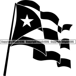 May include: A black and white illustration of a waving Puerto Rican flag. The flag has a white star in the blue triangle and five alternating red and white stripes.