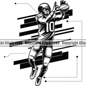 Op de afbeelding: Een zwart-witte illustratie van een American footballspeler die een voetbal vangt. De speler draagt ​​een shirt met nummer 10. De achtergrond is een abstract zwart-wit ontwerp.