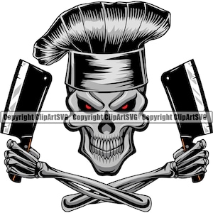 Cráneo Chef Cocinero Carnicero Cuchillo Parrilla Cocina Comida Cocina Parrilla BBQ Carne Hornear Panadero Silueta Diseño Logotipo SVG PNG Clipart Vector Cut