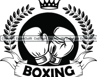 May include: Black and white illustration of a boxing logo with two boxing gloves, a crown, and a banner that says "BOXING".