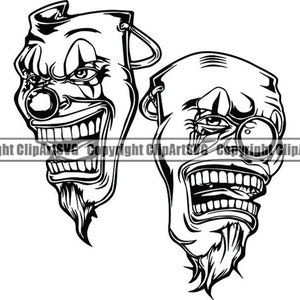 Máscaras tristes felices #3 Ríe ahora llora después Cara de payaso Gángster Motociclista Matón Tatuaje Ilustración Theatre.SVG .PNG Clipart Vector Cricut Corte Corte