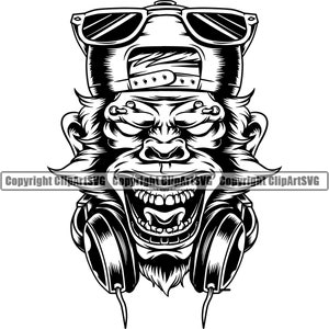 Crazy Monkey DJ DJ Mütze Mütze Kopfhörer Augenpiercing Spin Mixer Disc Jockey Vinyl Musik Club Design Logo SVG PNG Vektor Clipart geschnitten Datei