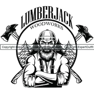 Puede incluir: Ilustración en blanco y negro de un leñador con barba y sombrero, sosteniendo un hacha. El texto "Lumberjack Woodworks" está por encima del leñador.