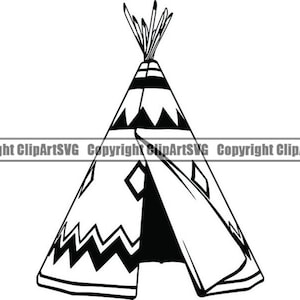 May include: Black and white silhouette of a teepee with a geometric pattern. The teepee has a pointed top with feathers and a flap entrance.
