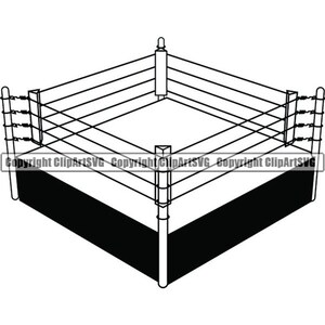 Puede incluir: Un dibujo en blanco y negro de un ring de lucha libre. El ring tiene cuatro postes y cuerdas. El ring está colocado sobre una plataforma negra.