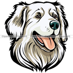 Chien des Pyrénées souriant tête de chiot canin Animal de compagnie Portrait race empreinte de patte dessin animé dessin Art Logo tatouage conception SVG PNG coupe coupe