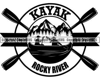 May include: Black and white illustration of two people kayaking on a river with mountains in the background. The text "KAYAK ROCKY RIVER" is written in a circle around the image.