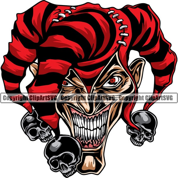 Skull Joker Jester Skeleton Clown Real Eyes Death Evil Grin Grinning Face Kill Killer Tattoo Silver Design Logo SVG PNG Clipart Vector Cut