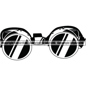 May include: Black and white steampunk goggles with round lenses and a bridge. The goggles have a metallic frame with rivets and a strap for securing them. The lenses have a diagonal stripe.