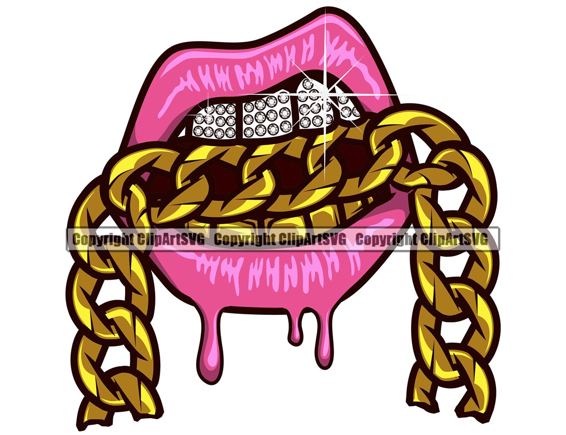 Lips Diamond Teeth Gold Chain Drip Dripping Gangster Rap Mouth Etsy