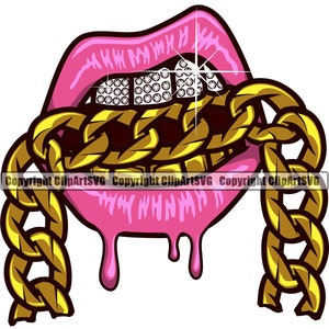 Lips Diamond Teeth Gold Chain Drip Dripping Gangster Rap Mouth Mask Grill Wall Art Sexy Kiss Design Logo SVG PNG Clipart Cricut Vector Cut