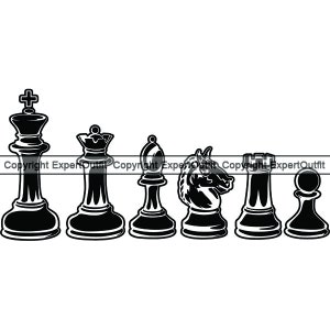 Pièces d'échecs #5 noir échiquier configuration jeu de société stratégie joueur Club compétition FIDE Master. SVG. PNG vecteur Clipart Cricut coupe coupe