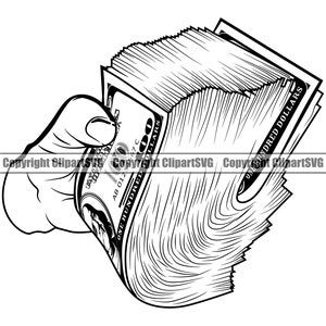 Homem mão segurando dinheiro nó pilha 100 nota de cem dólares dinheiro rico gangster crime hustle hustler arte anúncio design logotipo svg clipart vetor corte