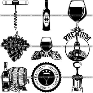 BUNDLE vin tire-bouchon verre boisson coupe raisins baril aile cave ouvreur famille boisson emblème Logo SVG PNG Clipart vecteur coupe coupe