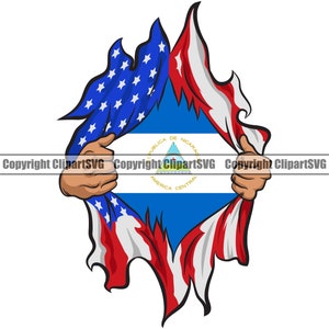 May include: A graphic illustration showing a ripped design revealing the flag of Nicaragua. The torn edges display the American flag, held by hands. The Nicaraguan flag is blue and white with a central emblem.