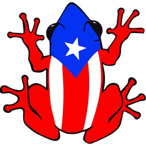 May include: A red frog with a blue and white Puerto Rican flag on its back.