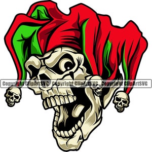 Cráneo Joker Jester Esqueleto Payaso Ojos Reales Muerte Sonrisa Malvada Cara Sonriente Matar Asesino Tatuaje Hueso Diseño Arte Logotipo SVG PNG Clipart Vector Cut