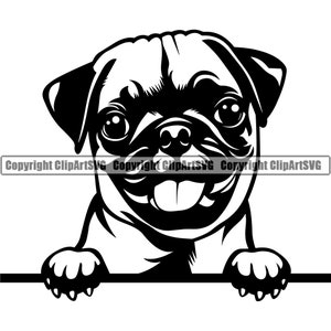 Pug Dog Breed Peeking Peek-A-Boo Paw Puppy Pup Pet Art French Bulldog Boston Terrier Bostie Artwork Logo SVG PNG Clipart Vector Cut Cutting