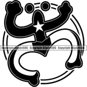 May include: Black and white silhouette of a stylized frog with a star on its chest, jumping in a circle.