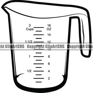 May include: Black and white line drawing of a measuring jug with markings for cups and ounces. The markings go up to 2 cups and 16 ounces.