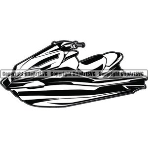 May include: Black and white silhouette of a jet ski. The jet ski has a sleek, modern design with a pointed nose and a long, narrow body.