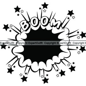 Pode incluir: Ilustração em preto e branco de uma explosão de estilo de banda desenhada com a palavra "BOOM" no centro. A explosão é rodeada por estrelas.