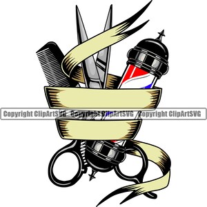 Barber Comb Scissors Barbershop Salon Pole Haircut Hair Cut Hairstyle Shave Clippers Ribbon Design Shop Art Logo SVG PNG Clipart Vector Cut