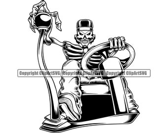 May include: Black and white illustration of a skeleton wearing a baseball cap and driving a car. The skeleton is holding the steering wheel with one hand and the gear shift with the other. The skeleton is wearing a skull ring on its finger.