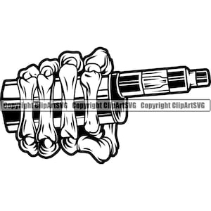 May include: A black and white illustration of a skeletal hand holding a vape pen. The vape pen has a black body and a clear glass tank.