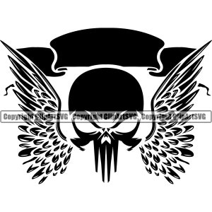 Puede incluir: Ilustración en blanco y negro de una calavera con alas y una pancarta. La calavera tiene una expresión amenazante y las alas están extendidas. La pancarta está en blanco y se puede personalizar con texto.