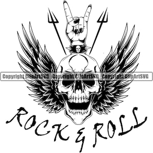 Rock N Roll Skull Guitar Heavy Metal Music Star Musician Band Play Song Hard Sound Hand Horns Retro Design Logo SVG PNG Vector Clipart Cut