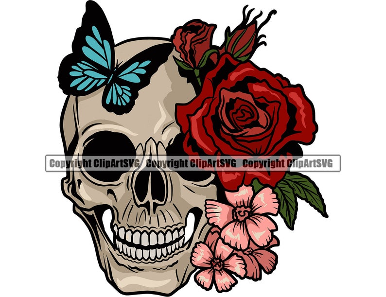 Skull Roses Flowers Butterfly Grin Death Love Dead Head Evil Kill Killer Tattoo Female Woman Design Art Logo SVG PNG Clipart Vector Cut File image 1