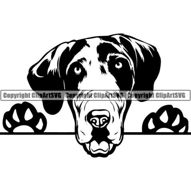 May include: Black and white graphic of a dog's face with two paw prints. The dog's head is centered, with its eyes, nose, and mouth clearly visible. The paw prints are on either side of the dog.