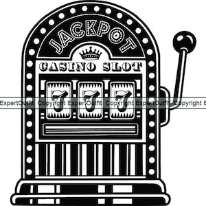May include: Black and white illustration of a casino slot machine. The machine features the word "JACKPOT" at the top, with "CASINO SLOT" below. The reels display triple sevens. A lever is on the right side.