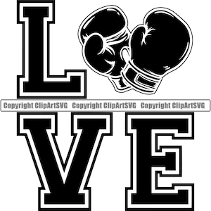 May include: Black and white graphic design of the word "LOVE" with boxing gloves in place of the "O".