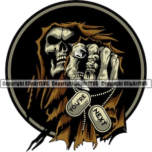 Grim Reaper Skeleton Skull Grin Dog Tags Votre prochaine mort Evil Kill Killer Grim Ghost Tattoo Hell Art Logo SVG PNG Vector Clipart Cut File