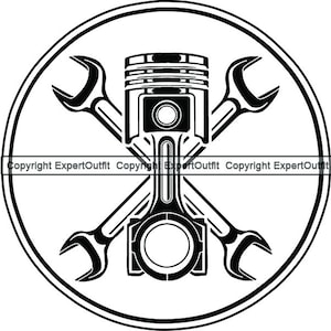 May include: Black and white illustration of a piston and two wrenches crossed inside a circle. The wrenches are crossed behind the piston, with the handles extending out to the sides of the circle. The piston is in the center of the circle, with the connecting rod extending out to the top and bottom of the circle.