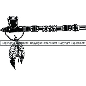 May include: Black and white illustration of a Native American peace pipe. The pipe features a bowl, stem with decorative carvings, and a feather attached. The design is a detailed, stylized representation of a traditional ceremonial object.