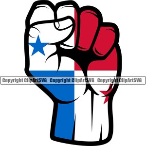 May include: A raised fist with the colors of the Panamanian flag. The fist is blue, white, and red with a white star on the blue part. The fist is a symbol of strength and unity.