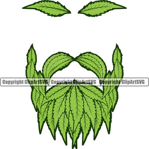 May include: Green leafy design with a beard shape. The leaves are outlined in dark green and have a light green fill.
