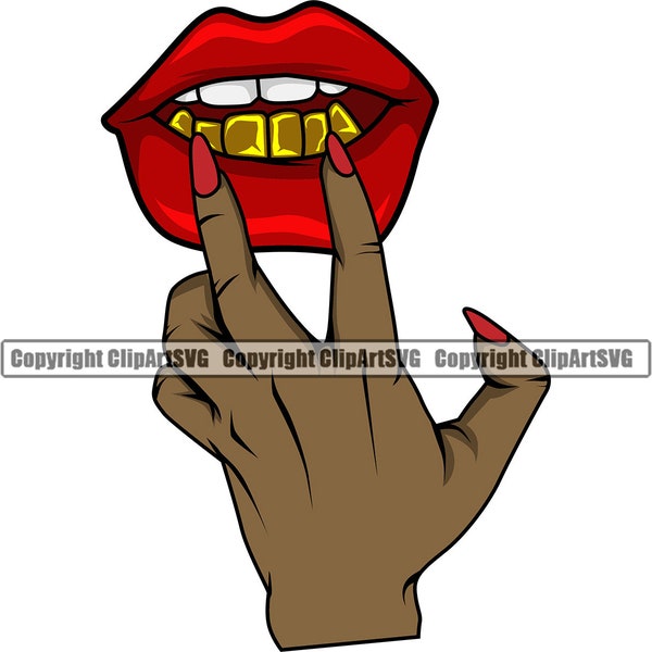 Lips Gold Teeth Female Hand Showing Mouth Mean Mug Ghetto Grill Rap Hip Hop Mask Art Design Element Logo SVG PNG Clipart Cricut Vector Cut