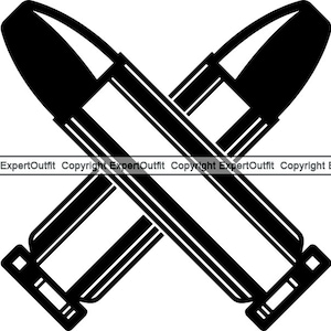 May include: Black and white silhouette of two crossed bullets.