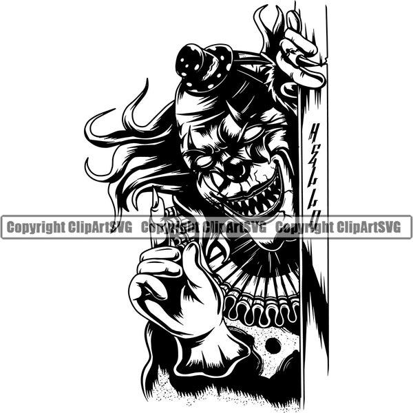 Evil Clown Circus Scary Cool Death Kill Killer Tattoo Fear Scared Face Head Horror Halloween Logo SVG PNG Clipart Vector Cricut Cut Cutting