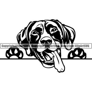 May include: Black and white illustration of a dog peeking over a surface with its tongue sticking out. The dog has a paw print on either side of its head.