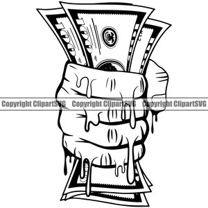 Mano che tiene soldi gocciolamento gocciolante contanti 100 banconote da cento dollari Rich Hold Grip uomo maschio pugno afferrare annuncio Logo SVG PNG Clipart vettoriale Cricut Cut