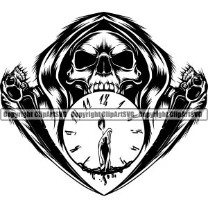 Sensenmann Totenkopf Skelett Grinsen grinsend Umhang Uhr Tod Evil Kill Killer Gespenst Tattoo Hölle Art Logo SVG PNG Vektor Clipart Cut File