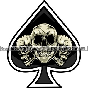 Skull Playing Card Poker Texas Hold 'Em Casino Apuesta Dinero Suerte Ganar Riesgo Distribuidor Juego de mesa Ace Spade Diseño Logo SVG PNG Vector Clipart Cut